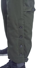Close-up detail of Austrian Army thermal combat trousers lower leg, highlighting the heavy-duty buttoned cuff system for quick access over boots.
