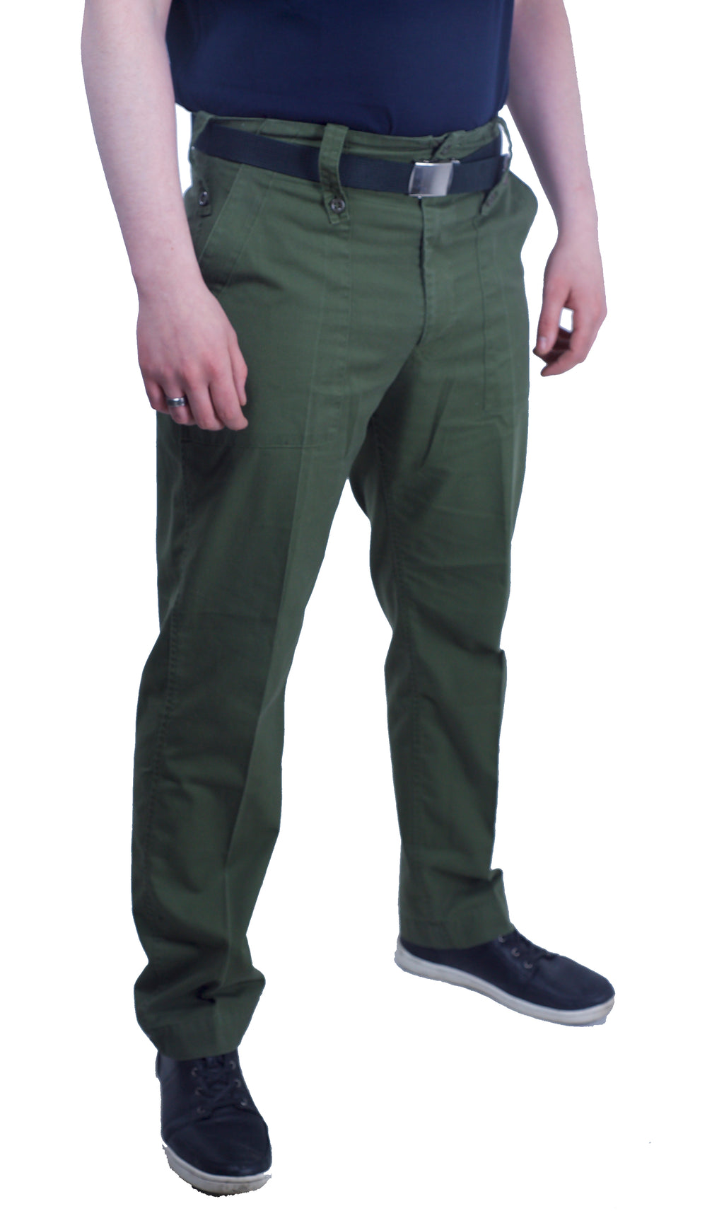 British Army lightweight olive green trousers, angled view showing durable fabric, belt loops, and black web belt.