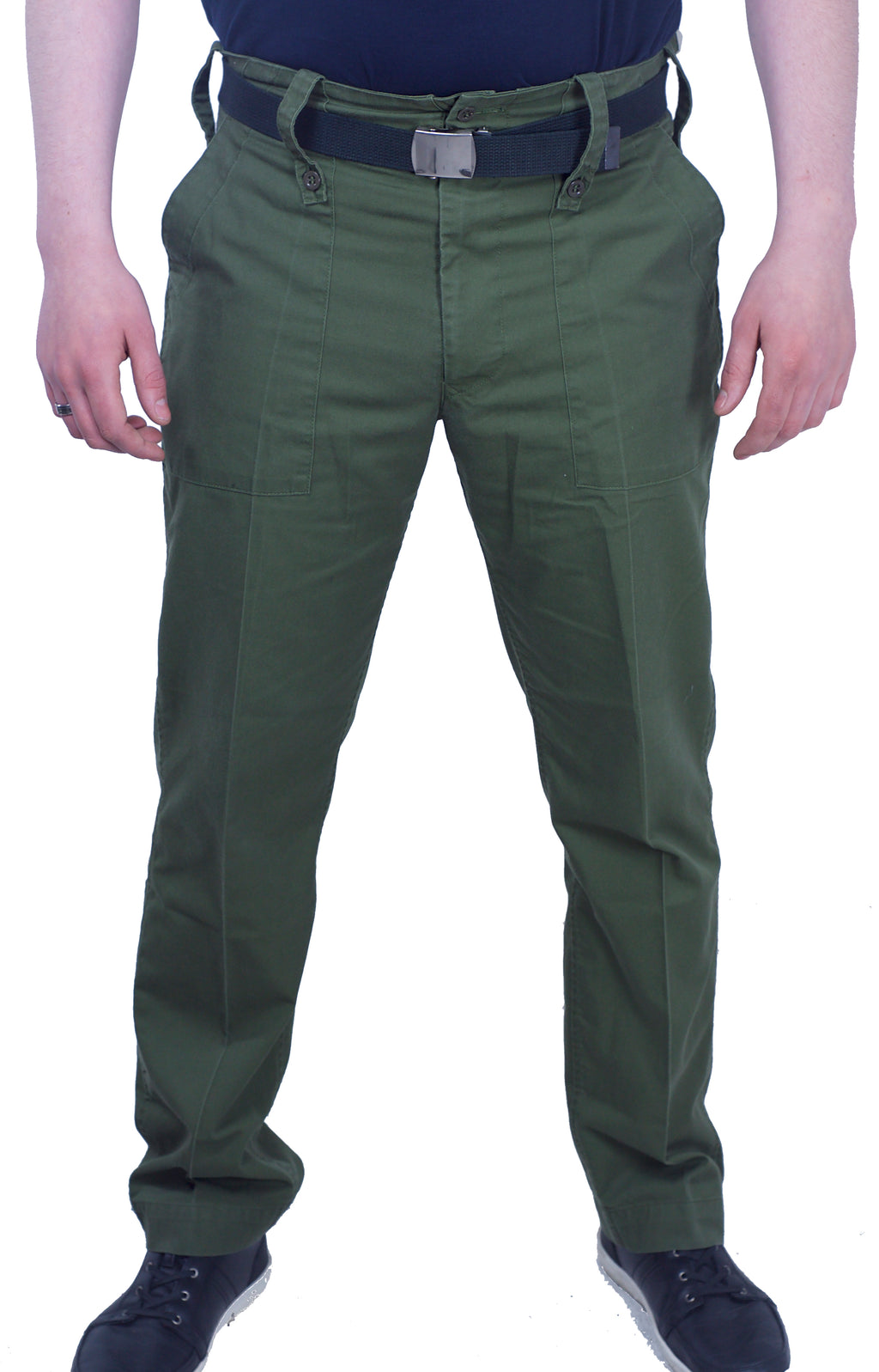 Front view of surplus British Army trousers in olive green with a black tactical belt and black sneakers.