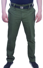 Front view of surplus British Army trousers in olive green with a black tactical belt and black sneakers.