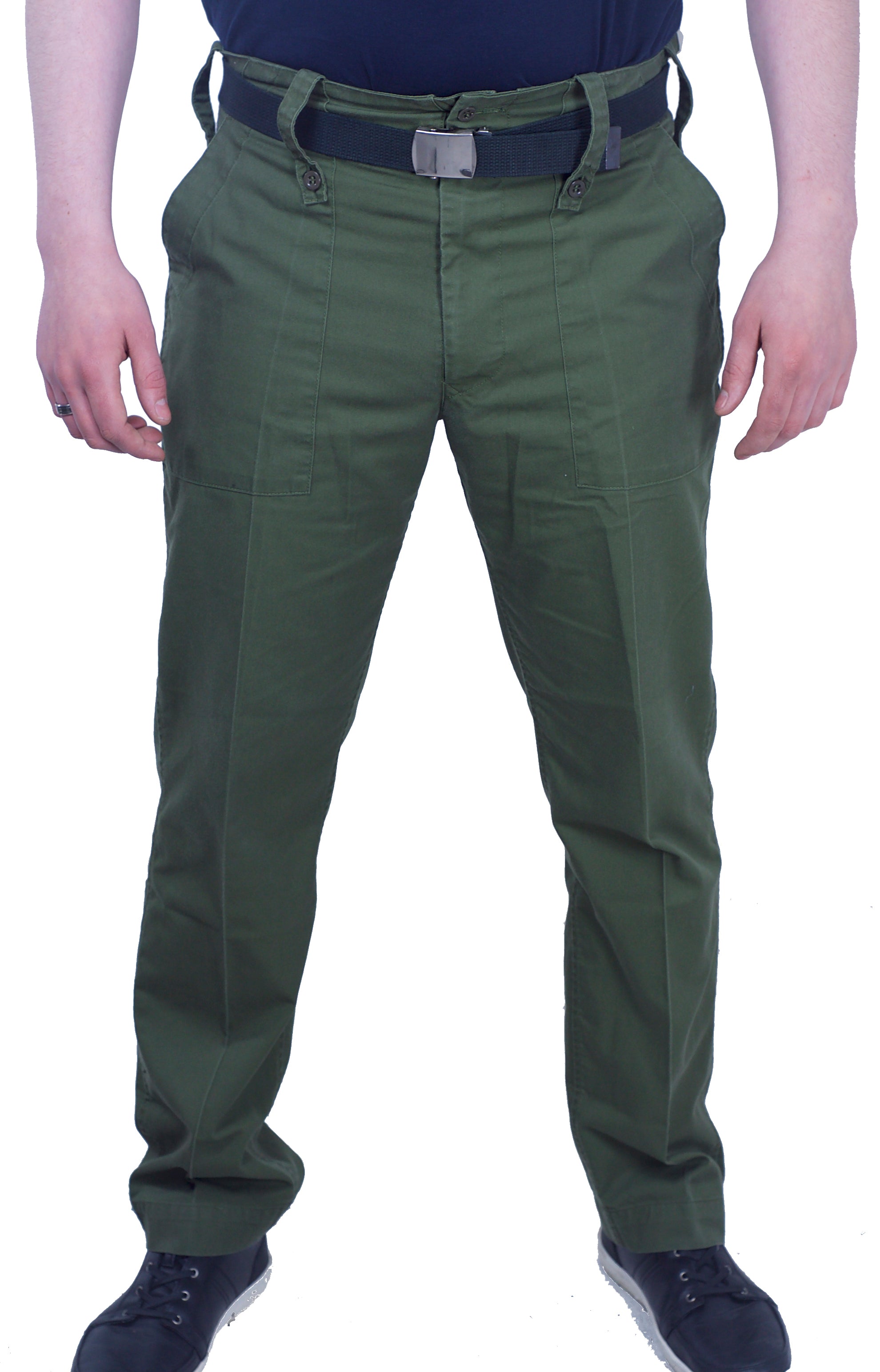 Front view of surplus British Army trousers in olive green with a black tactical belt and black sneakers.