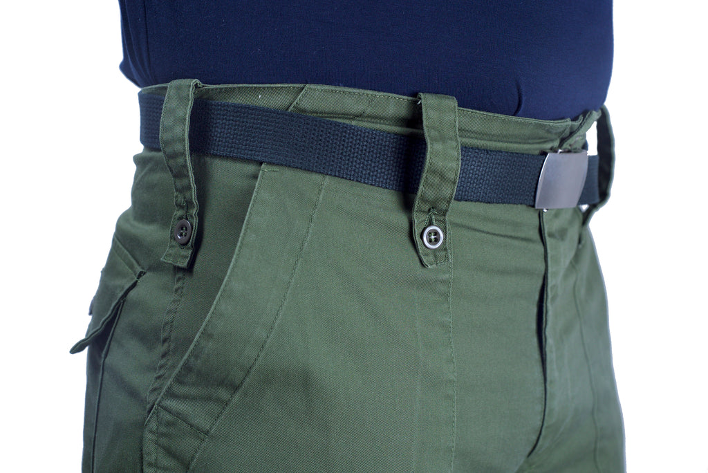 Close-up of British Army olive trousers waist area, highlighting adjustable button belt loops and durable cotton-poly blend.
