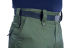 Close-up of British Army olive trousers waist area, highlighting adjustable button belt loops and durable cotton-poly blend.
