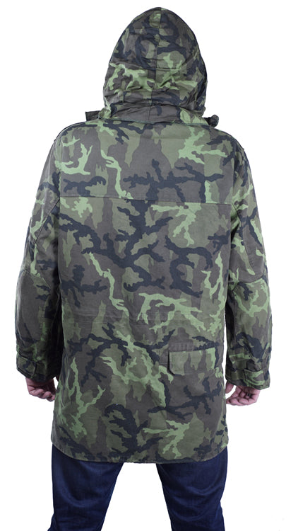 Rear view of the Czech Army M95 parka with the integrated hood deployed over the collar, showing tactical coverage.