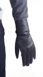 Close-up backhand view of genuine French military issue black leather glove featuring a smooth, durable finish.