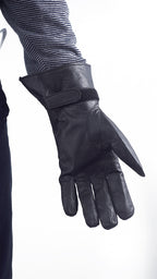 Palm side view of French military black leather glove showing the velcro wrist closure for a secure fit.