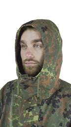Close-up detail of the German army Flecktarn parka hood with drawstring pull cords, showcasing the distinctive 5-color military camouflage pattern.