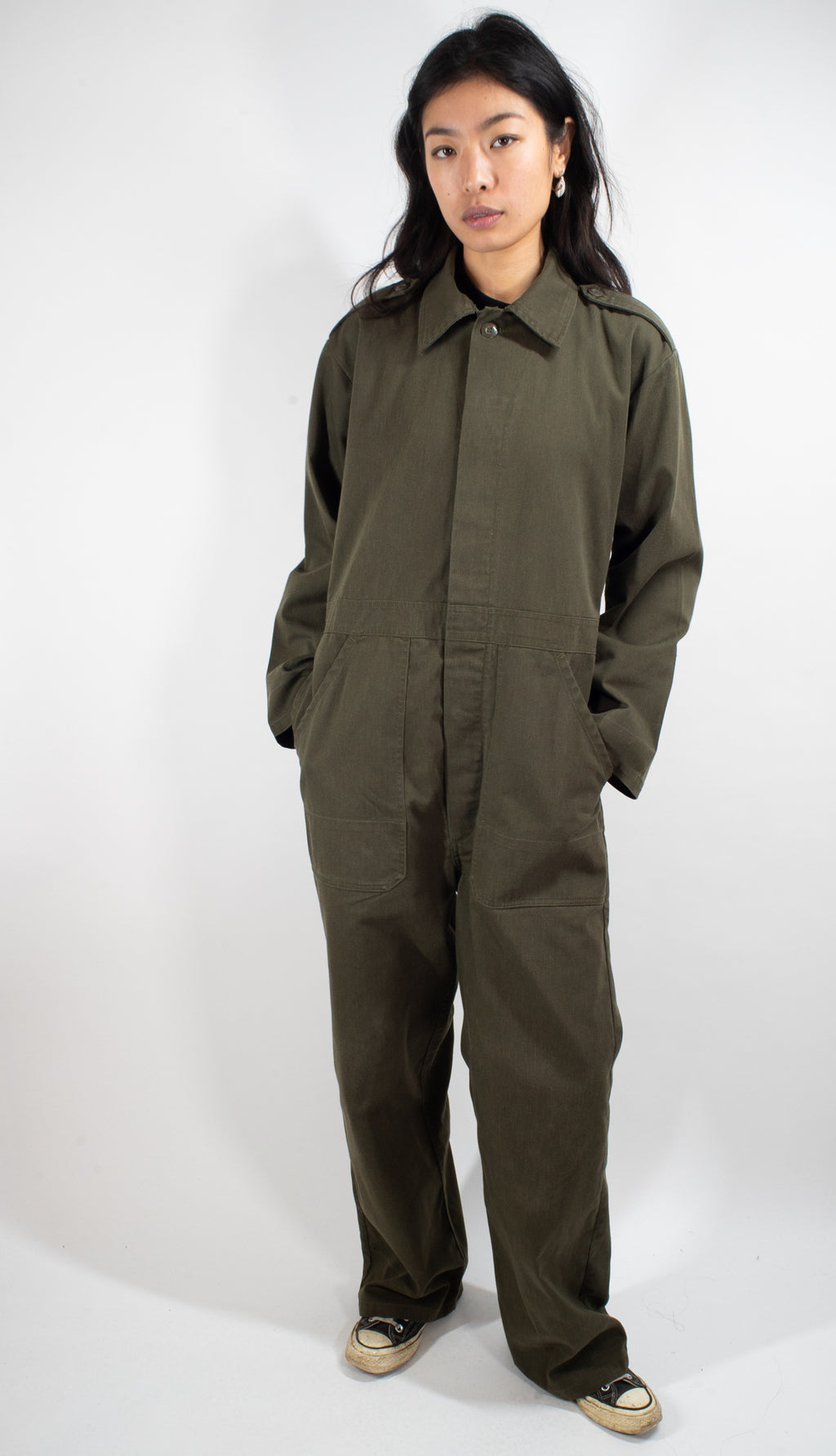Full-length front view of military-grade Dutch Army overalls, featuring deep slash pockets and a classic utility fit.