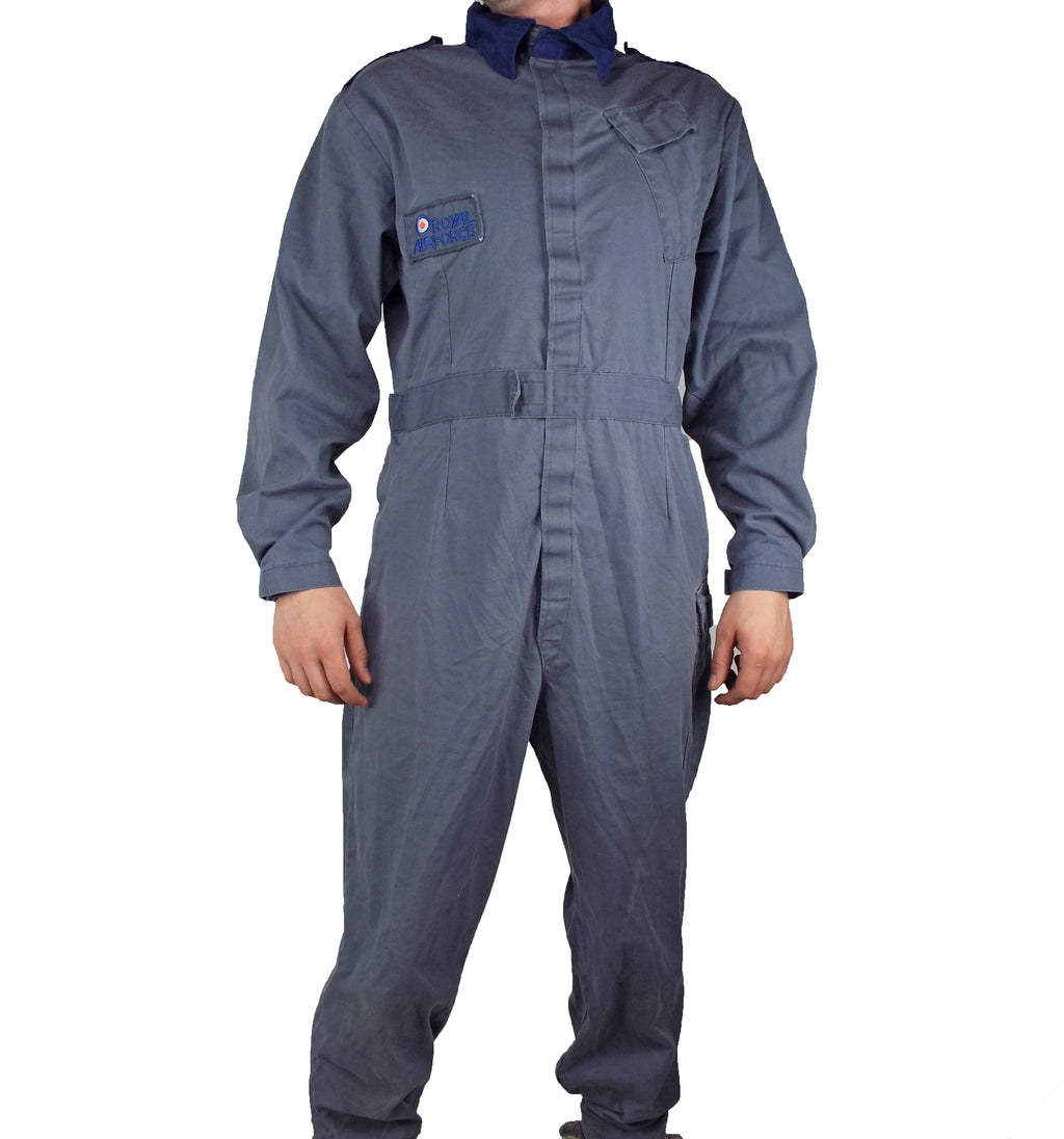 Front view of the 1971 Pattern RAF coveralls showing the slate blue polycotton fabric, adjustable waist tabs, and durable military construction.