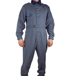 Front view of the 1971 Pattern RAF coveralls showing the slate blue polycotton fabric, adjustable waist tabs, and durable military construction.