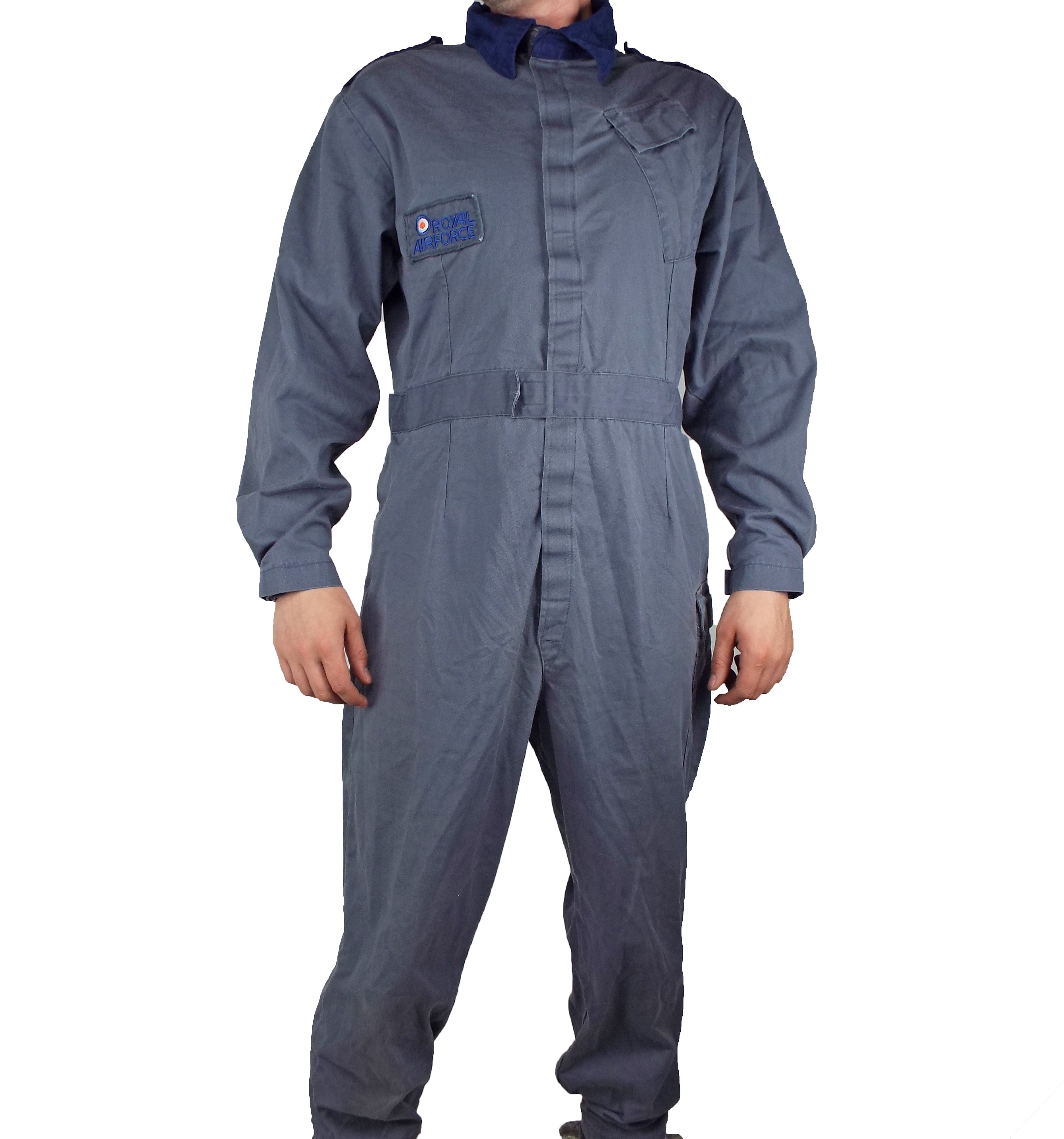 Front view of the 1971 Pattern RAF coveralls showing the slate blue polycotton fabric, adjustable waist tabs, and durable military construction.