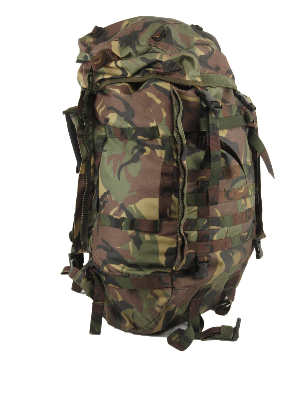 Angled side view of the 60 litre military surplus backpack showing external webbing and compression straps for securing gear.