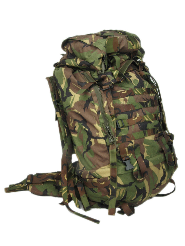 Side profile of 60 litre military rucksack showing durable Cordura nylon, heavy-duty zippers, and camouflage side pouches.