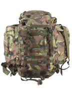 Full front shot of military camo backpack with adjustable straps, quick-release buckles, and integrated top lid storage.