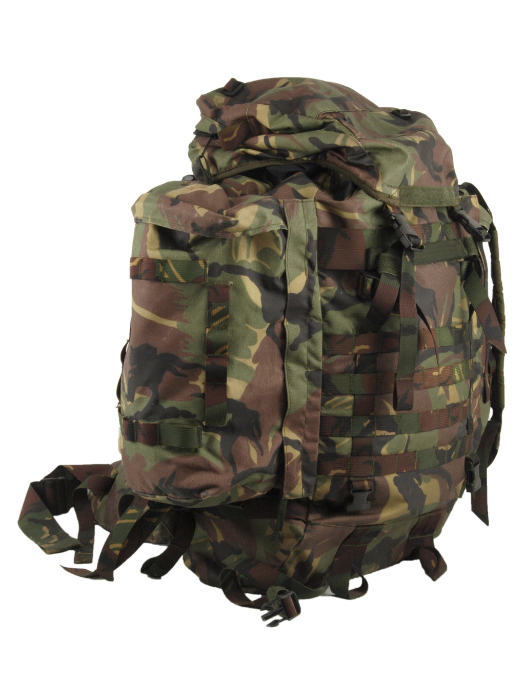 Side view of the Dutch army woodland camo rucksack, highlighting the main storage compartment profile and adjustable military webbing.