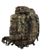 Side view of the Dutch army woodland camo rucksack, highlighting the main storage compartment profile and adjustable military webbing.