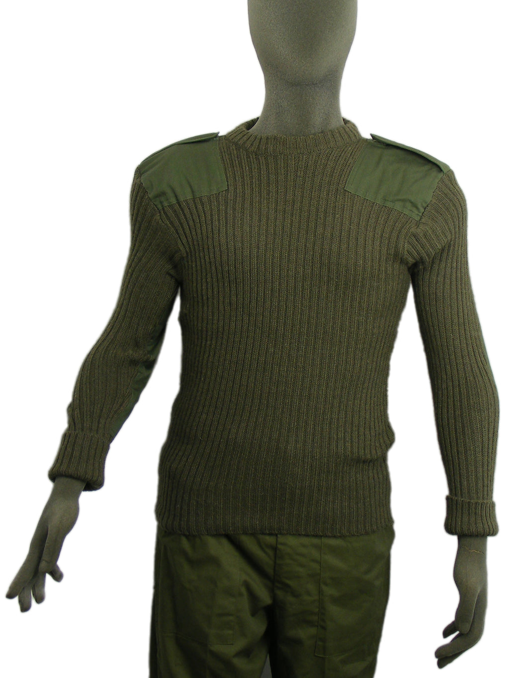 Front view of an olive green British Army Woolly Pully jumper featuring heavy ribbing, polycotton shoulder patches, and epaulettes on a mannequin.