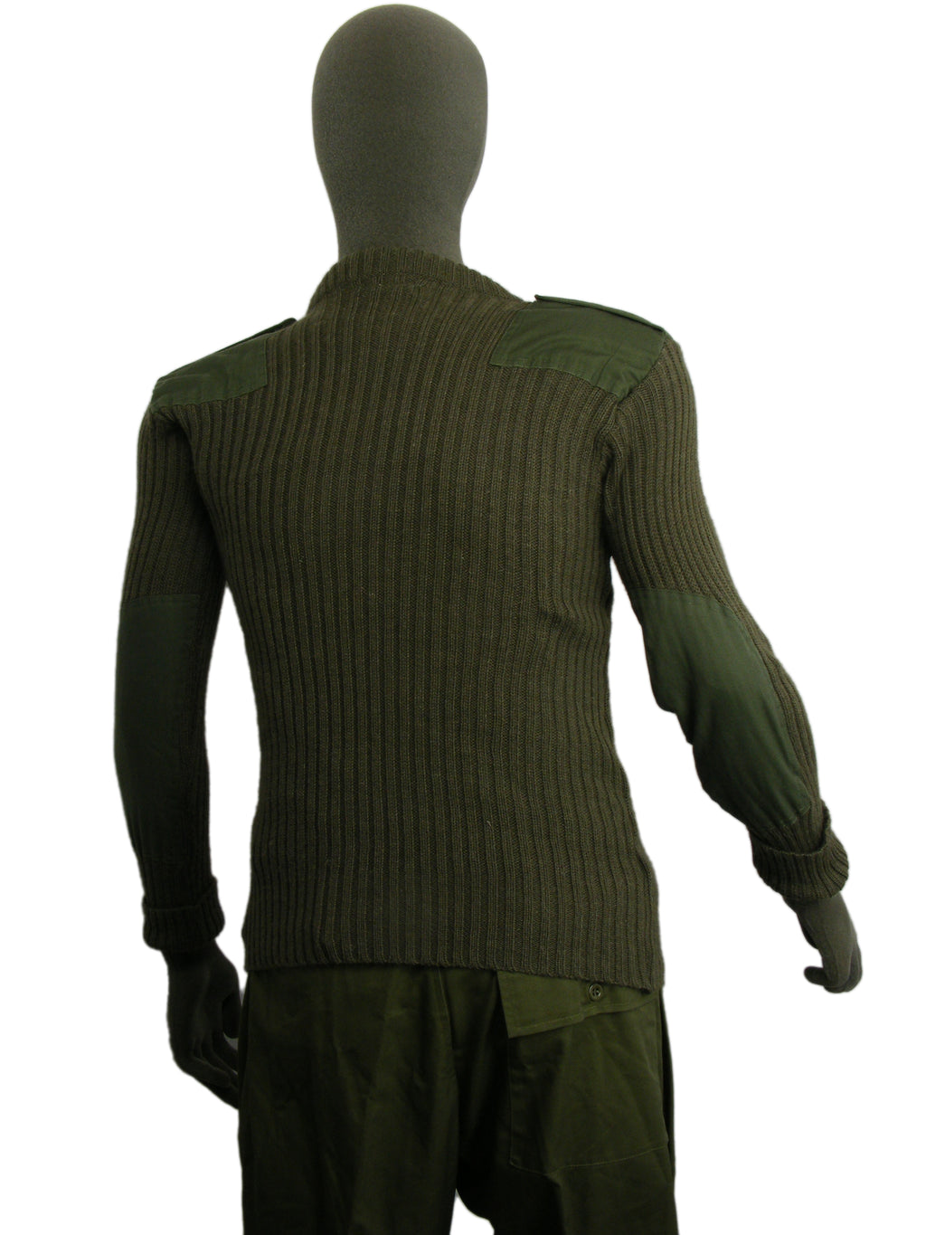 Rear view of the British Army Woolly Pully jumper on a mannequin, showing the full-length heavy ribbed knit construction and shoulder reinforcements.