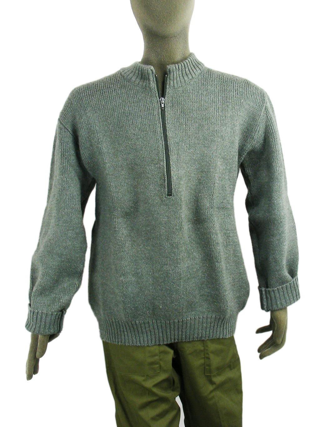 Full-length front view of a grey Swiss Army wool sweater on a mannequin, demonstrating the zip-neck feature and durable construction.