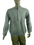 Full-length front view of a grey Swiss Army wool sweater on a mannequin, demonstrating the zip-neck feature and durable construction.