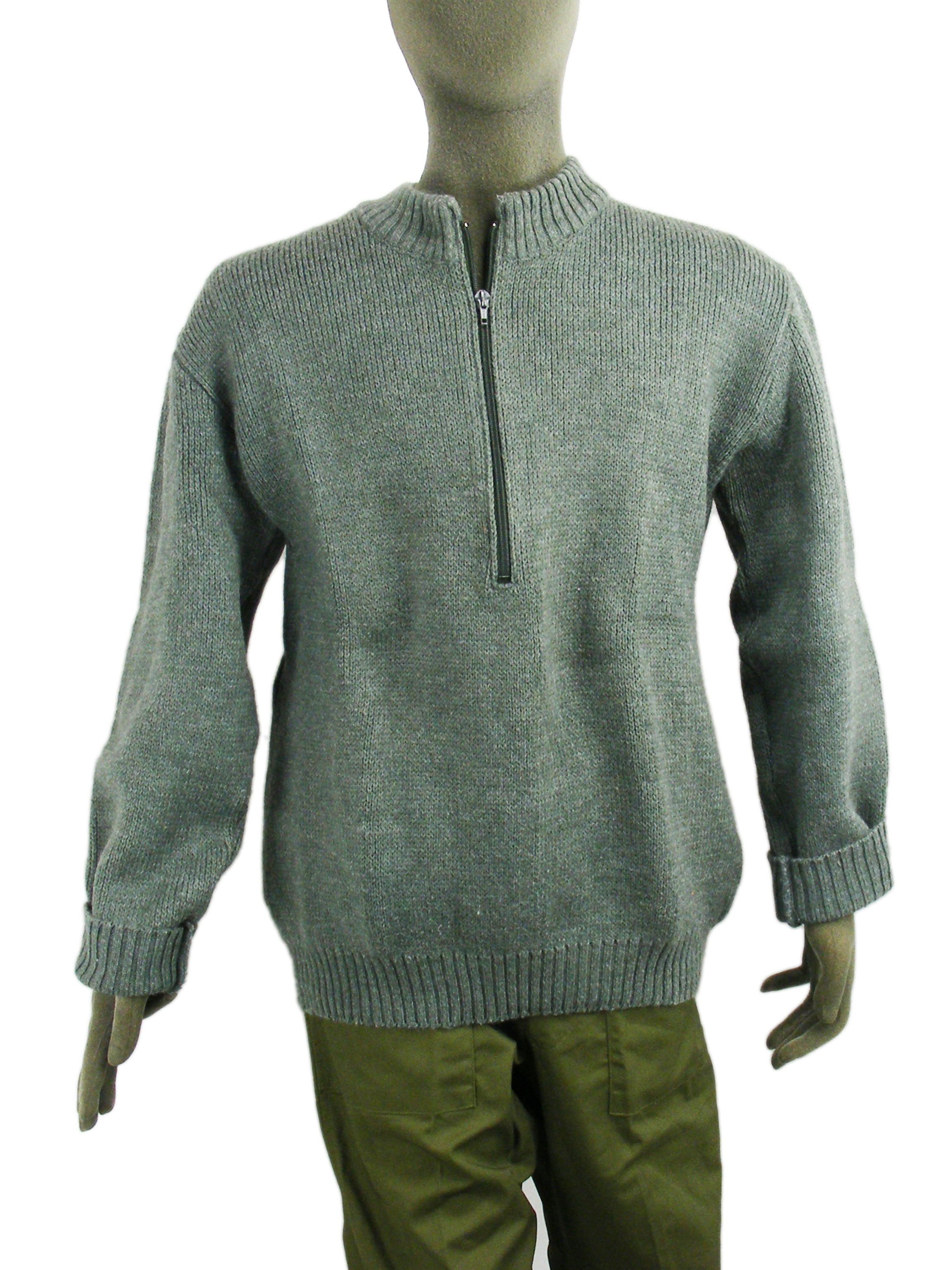 Full-length front view of a grey Swiss Army wool sweater on a mannequin, demonstrating the zip-neck feature and durable construction.