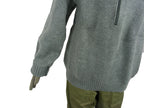 Side view of a grey Swiss Army wool jumper, focusing on the sleeve texture and ribbed waistband on a mannequin.