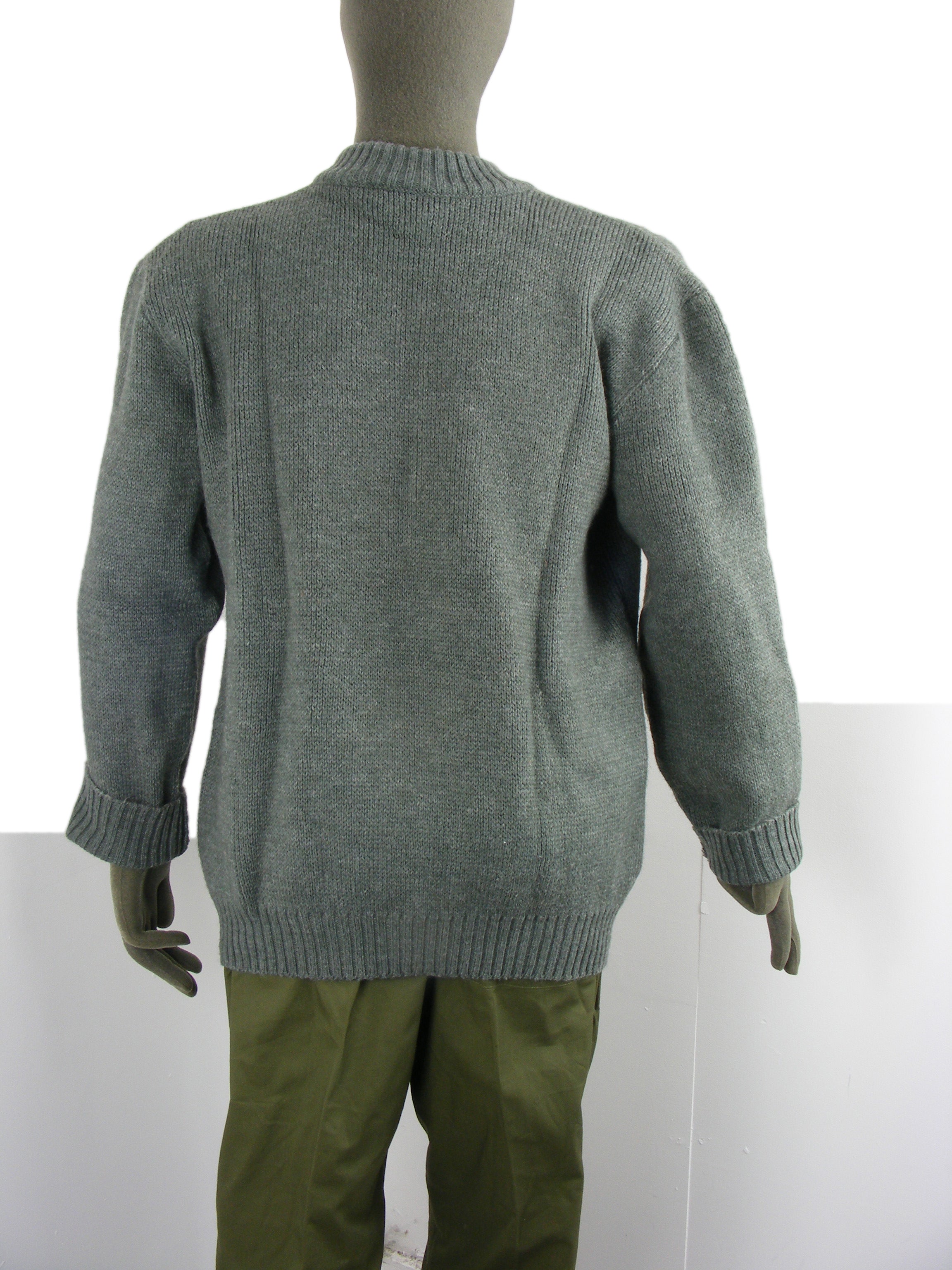 Rear view of a grey Swiss military wool sweater on a mannequin, showcasing the thick, warm knit construction and classic fit.