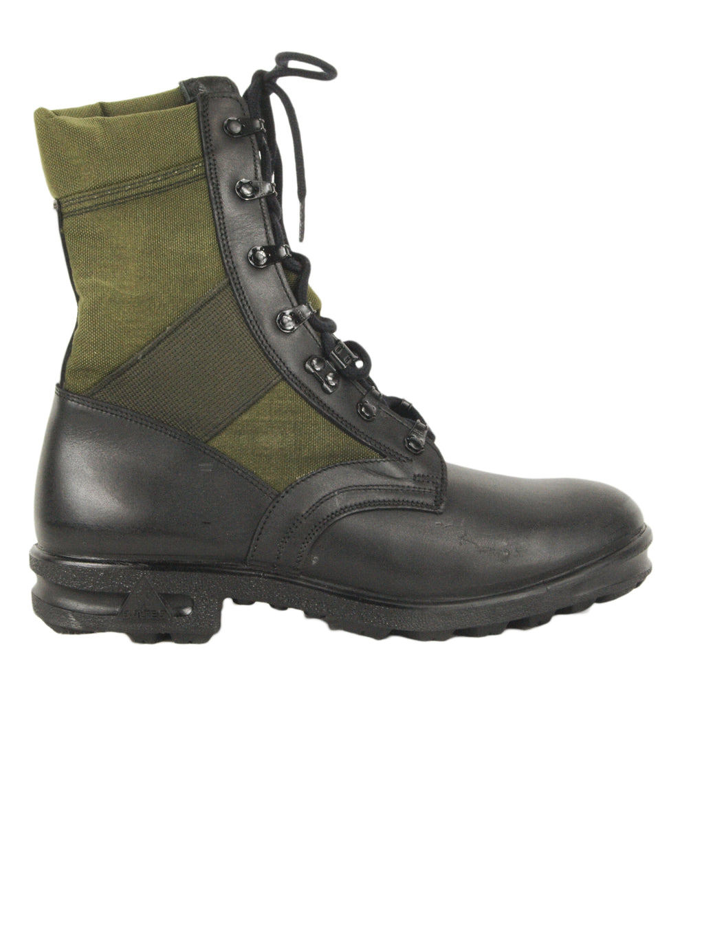 Side profile of Super Grade German jungle boots featuring black leather, olive canvas panels, and closed loop eyelets.
