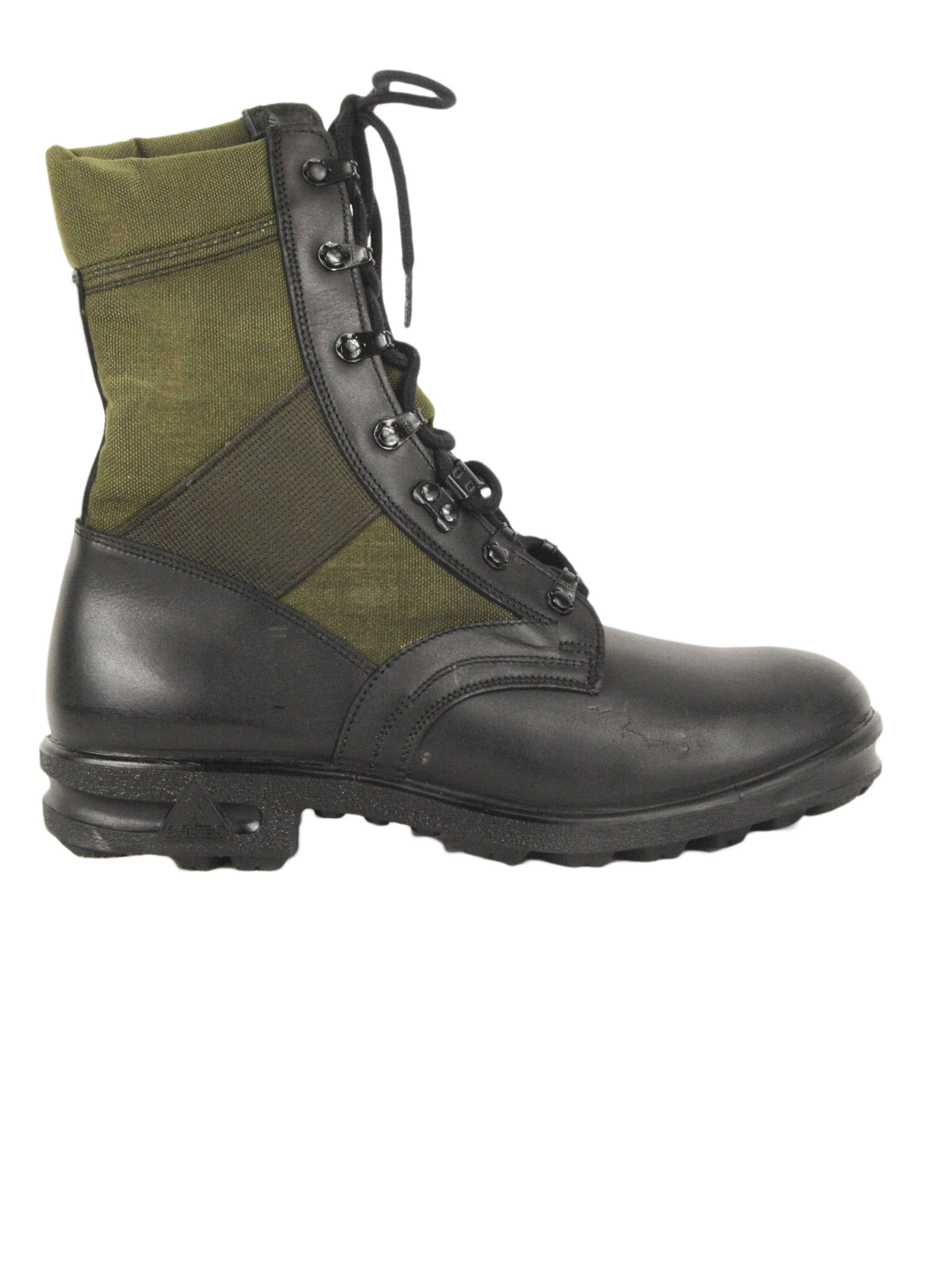 Side profile of Super Grade German jungle boots featuring black leather, olive canvas panels, and closed loop eyelets.