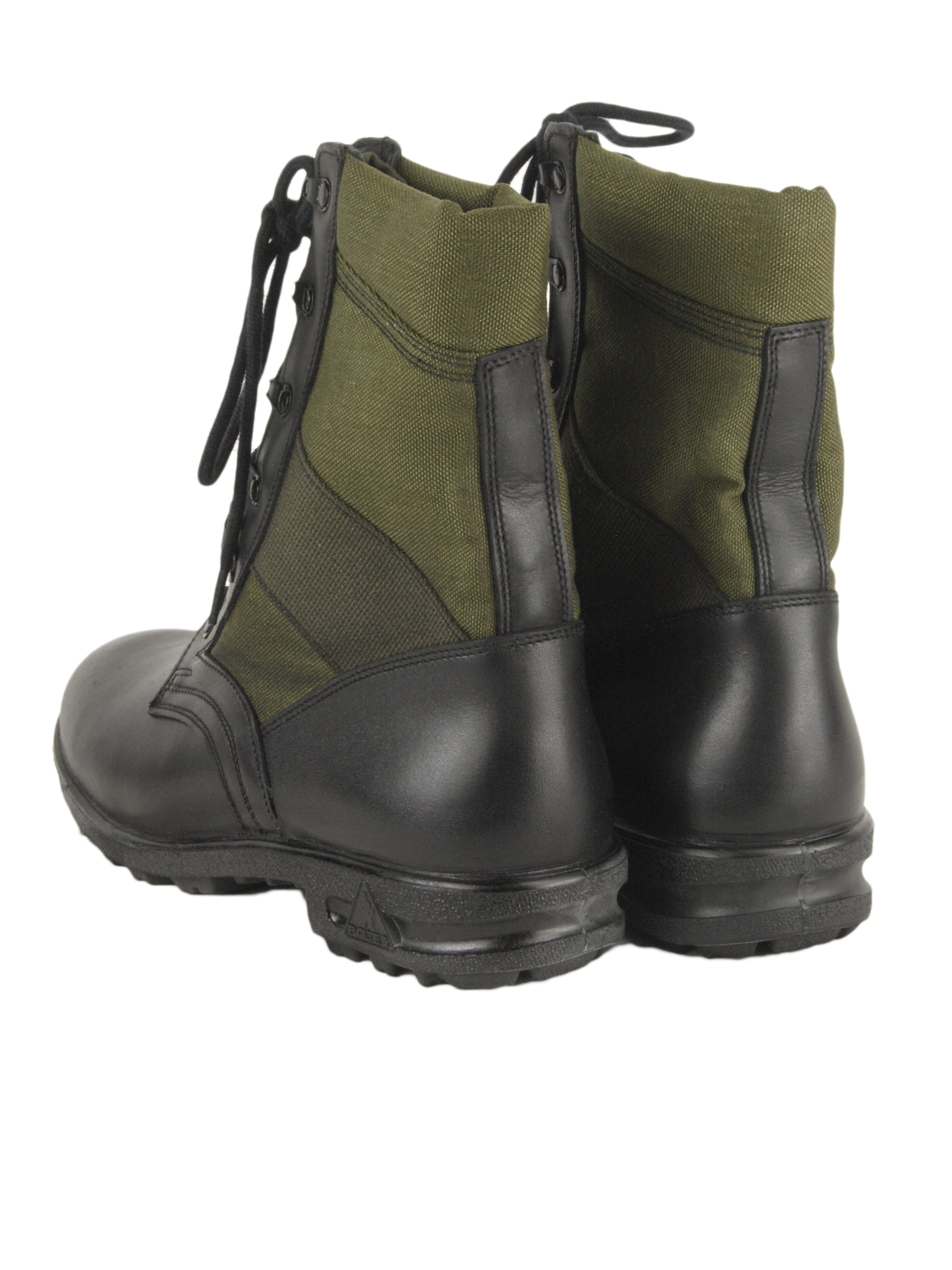 Rear view showing a pair of authentic German jungle boots with reinforced flexible ankle sections and sturdy black soles.