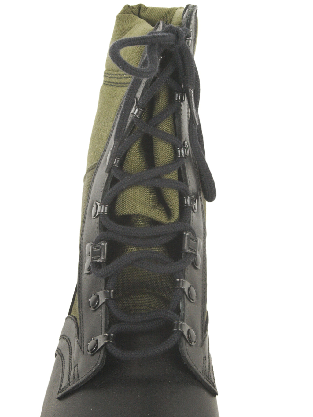 Front-on view of a German jungle boot showcasing the secure black lace-up system with durable closed loop metal eyelets.