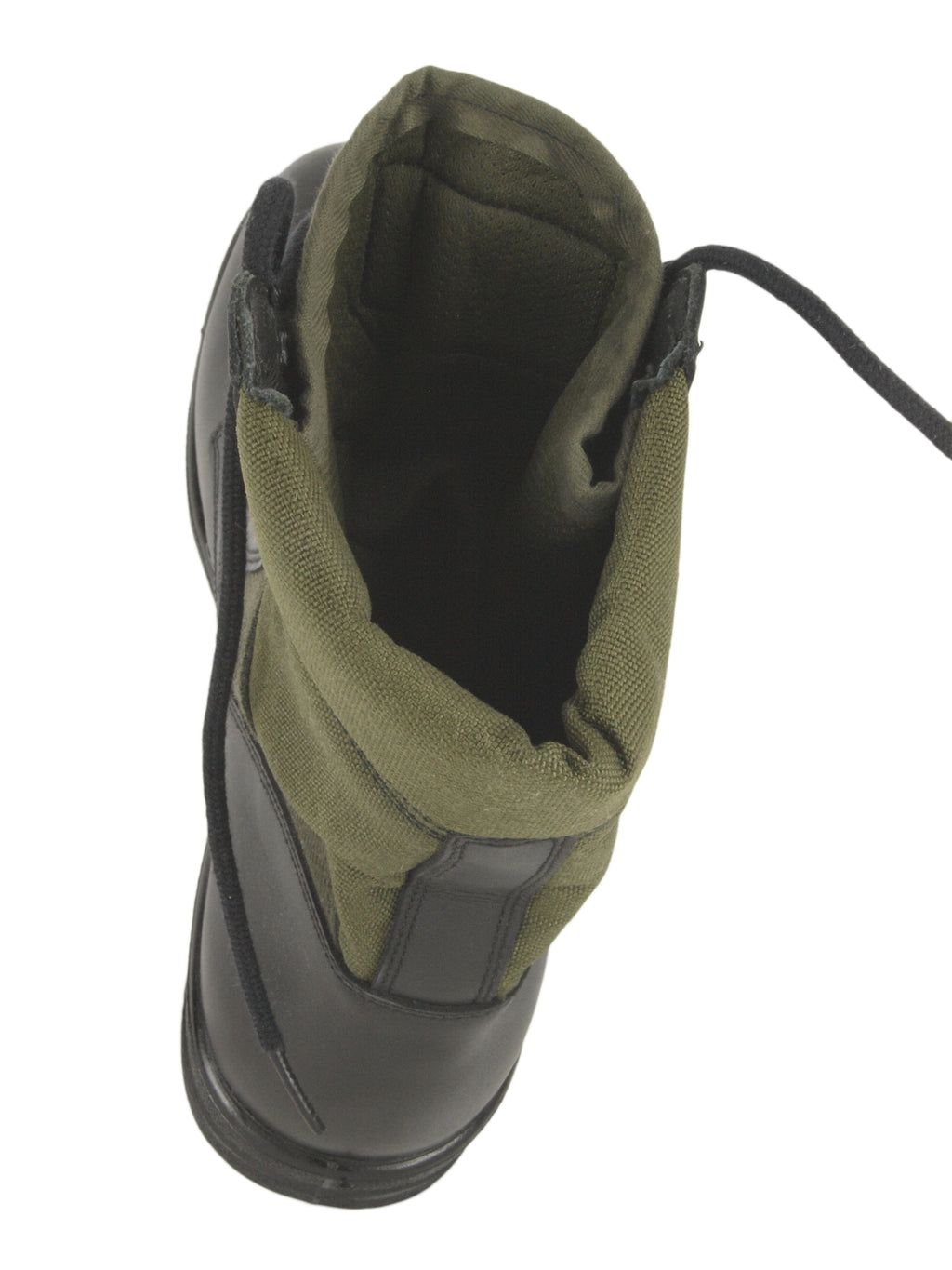 Top-down view inside a German jungle boot revealing the padded tongue and ankle collar designed for comfort and warmth.