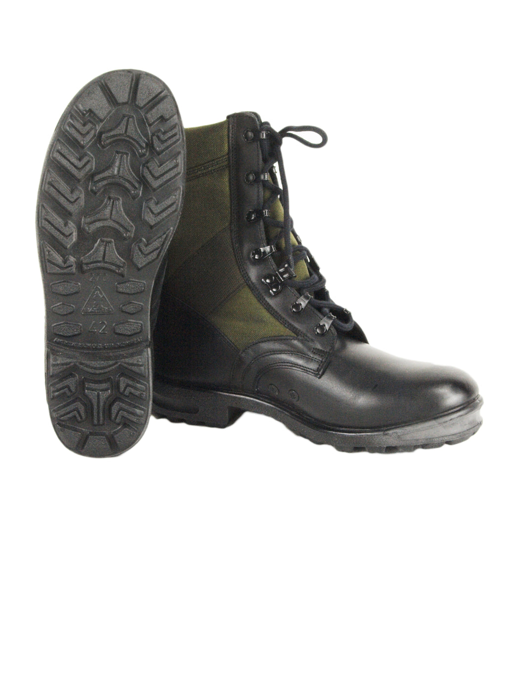 German jungle boot standing next to its sole, highlighting the rugged, moulded tread pattern and superior grip design.