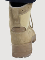 Rear view of a Grade 1 German military desert boot showing the reinforced heel structure, pull tab, and sturdy stitching for rugged durability.