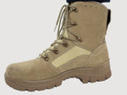 Side profile of a German Army Gore-Tex desert boot featuring durable suede and nylon panels with heavy-duty metal lace hooks for ankle support.