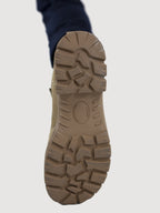 Bottom view of a German Army desert boot showcasing the high-traction, oil and fuel-resistant lugged rubber outsole designed for stability on rough terrain.