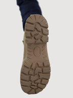 Bottom view of a German Army desert boot displaying the rugged, oil and fuel-resistant rubber tread pattern for superior traction.