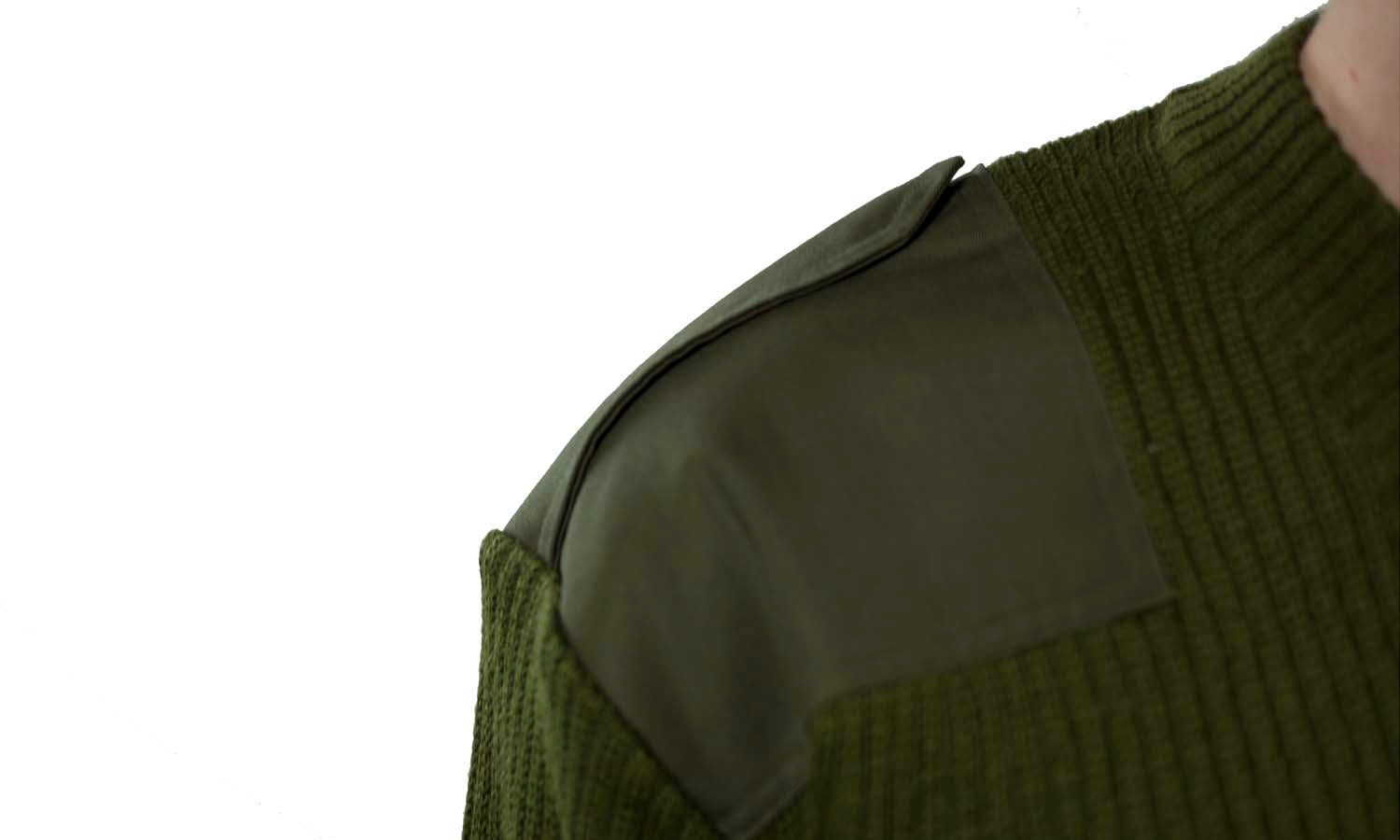 Close-up detail of the reinforced fabric shoulder epaulette on an olive green Italian Army military surplus wool jumper.