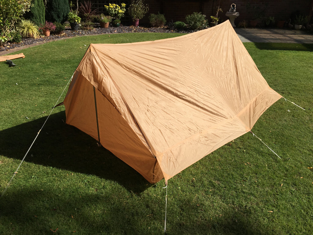 Rear angle of the French military nylon tent, showcasing its weather-proof construction.