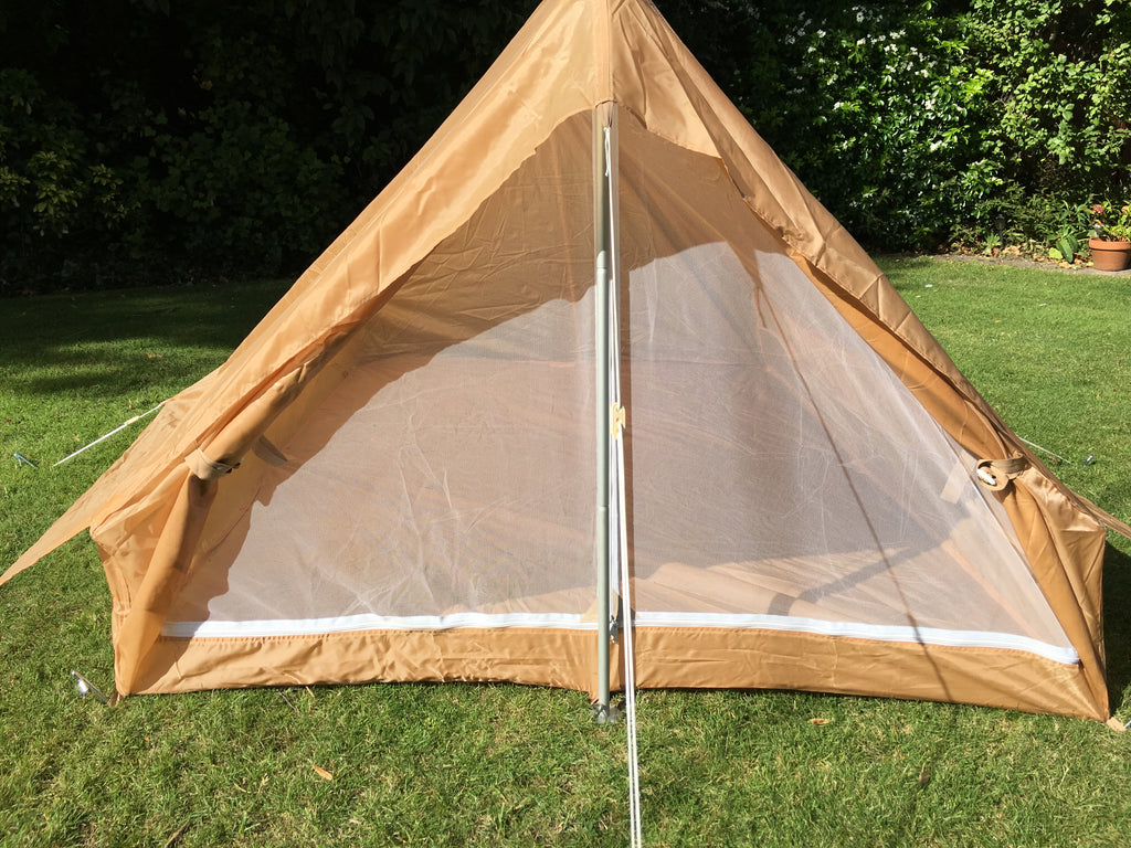 Detailed shot of the open front mesh screen door on the coyote military tent.