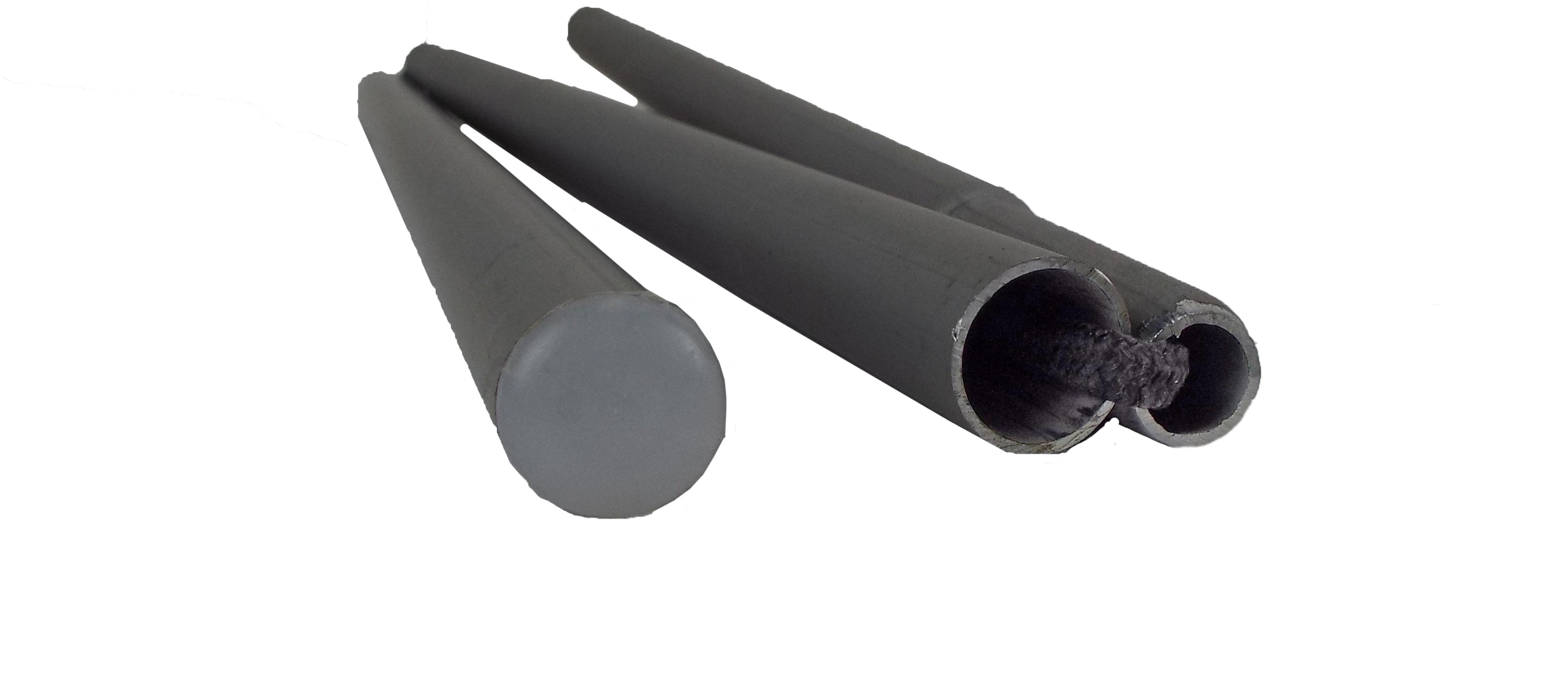 Close-up of the French military tent pole end featuring a rounded plastic protective cap and hollow aluminium sections.