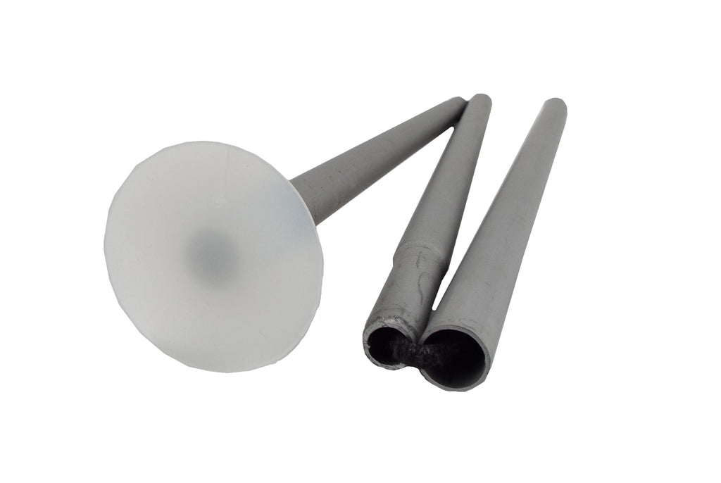 Folded French Army surplus aluminium tent pole with a large 55mm circular nylon stability foot and internal elastic cord.