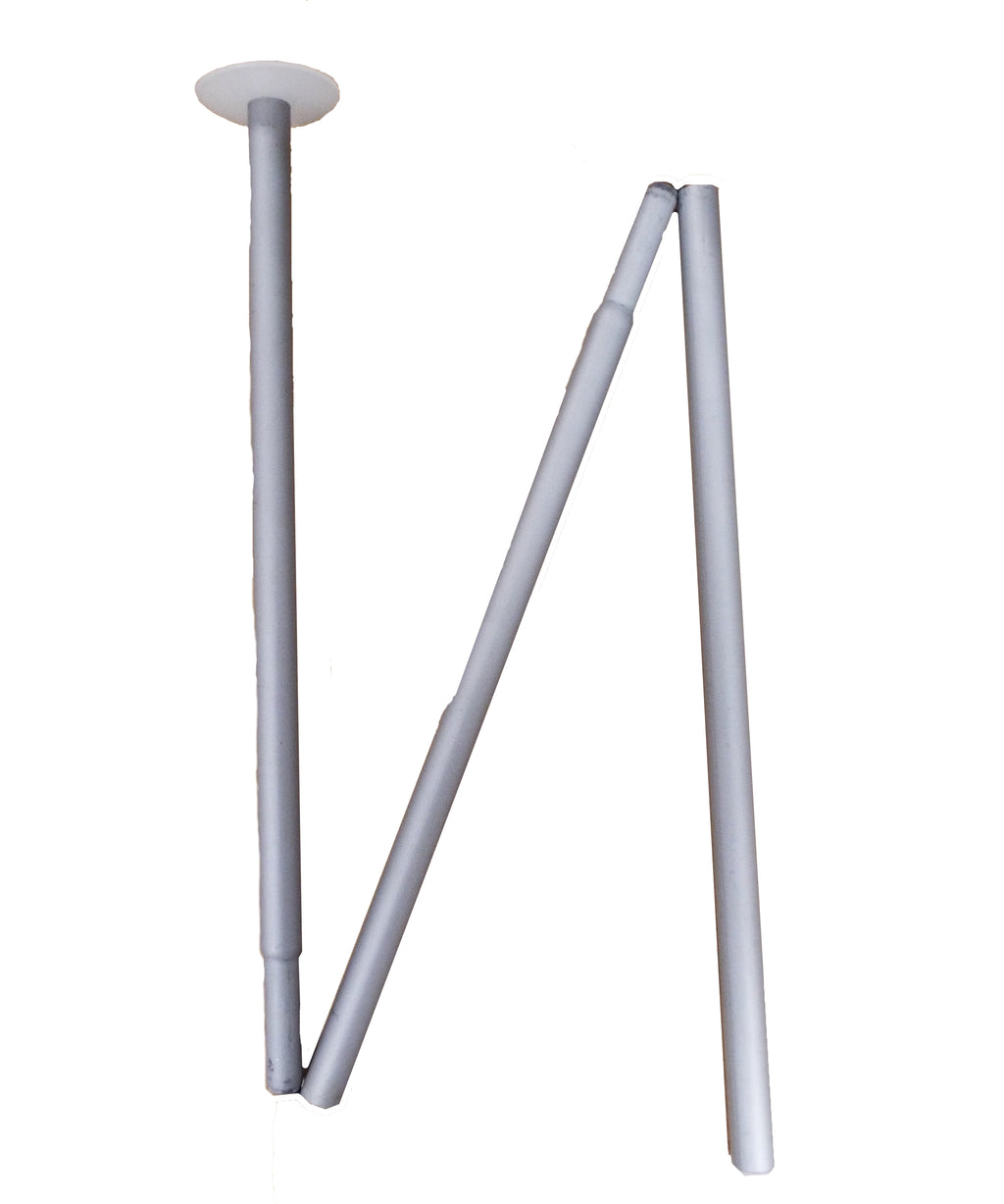 Three-section French Army aluminium tent pole extended in a zig-zag shape showing the connectable design and rounded top cap.
