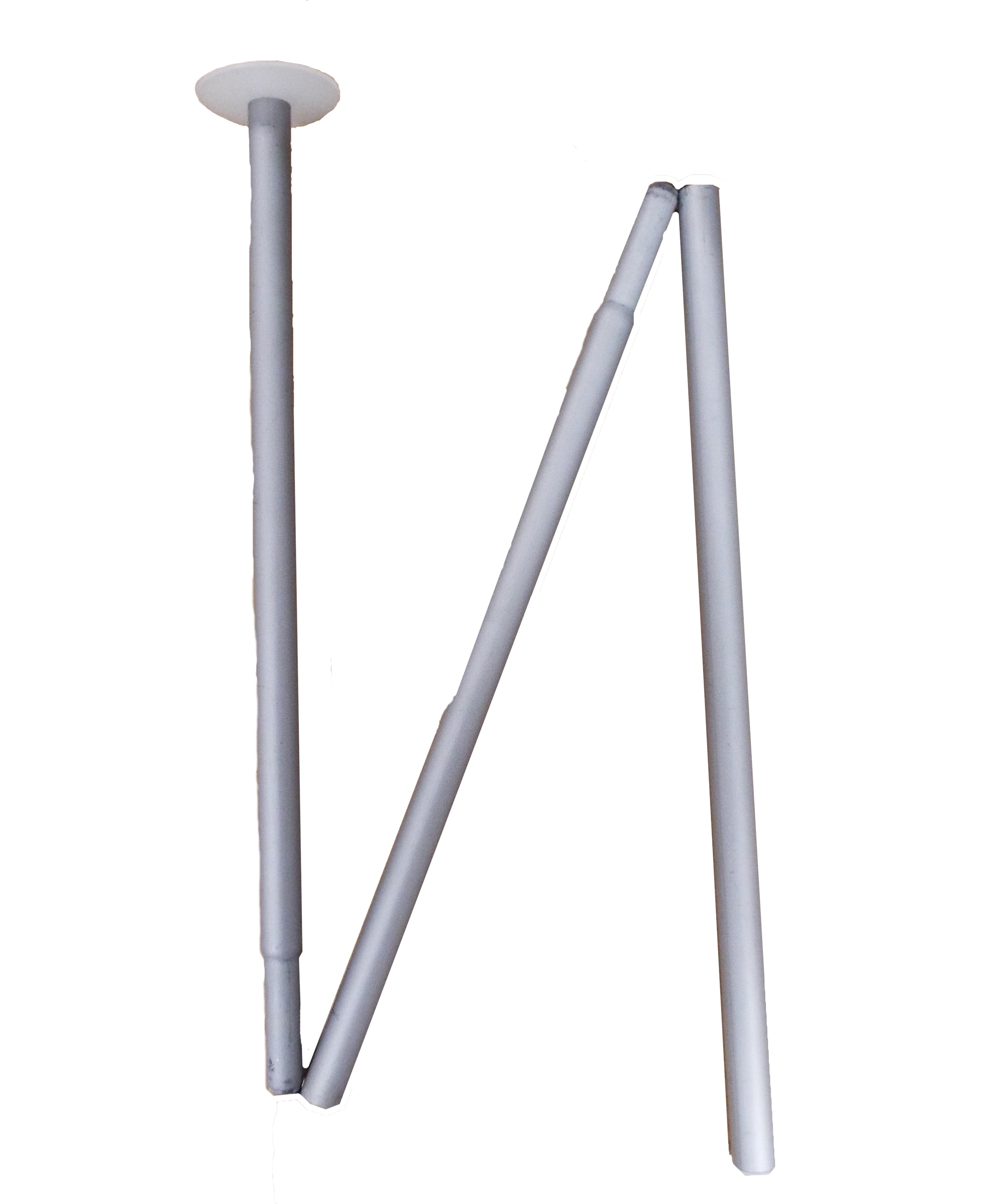 Three-section French Army aluminium tent pole extended in a zig-zag shape showing the connectable design and rounded top cap.
