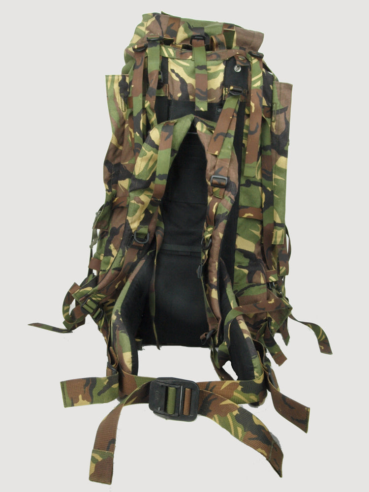 Rear view of the Dutch military rucksack displaying the fully adjustable back panel, padded harness, and waist belt.