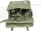Interior view of Soviet-era Polish bread bag showing segmented canvas storage pockets and sturdy webbing structure.
