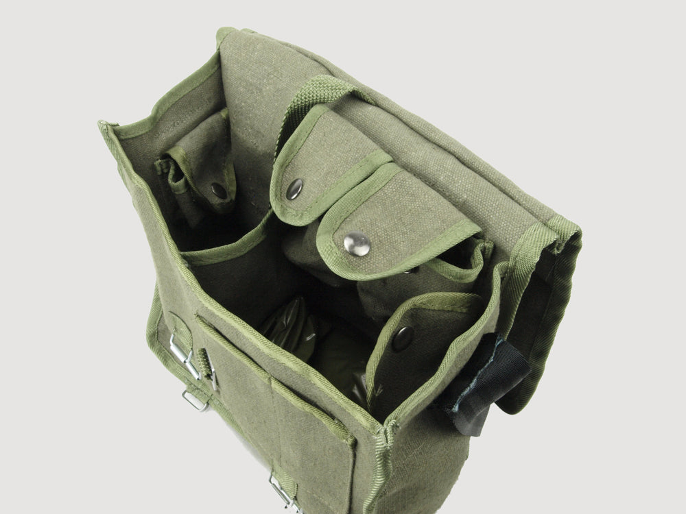 Top-down view of Polish Army shoulder bag compartments with metal fasteners and unissued olive green canvas material.
