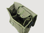 Top-down view of Polish Army shoulder bag compartments with metal fasteners and unissued olive green canvas material.