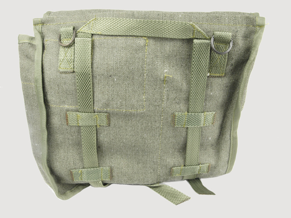 Detailed back view of vintage Polish Army bread bag showing heavy-weight canvas texture and durable webbed mounting loops.