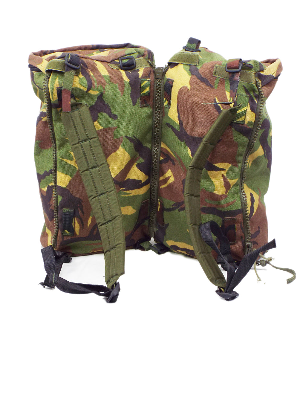 Rear view of the Dutch military camo day pack showing the bespoke shoulder straps attached to two side pockets.